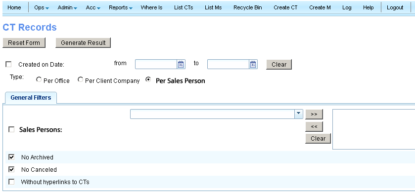 Figure: "Per Sales Person" type of "CT Records" report.